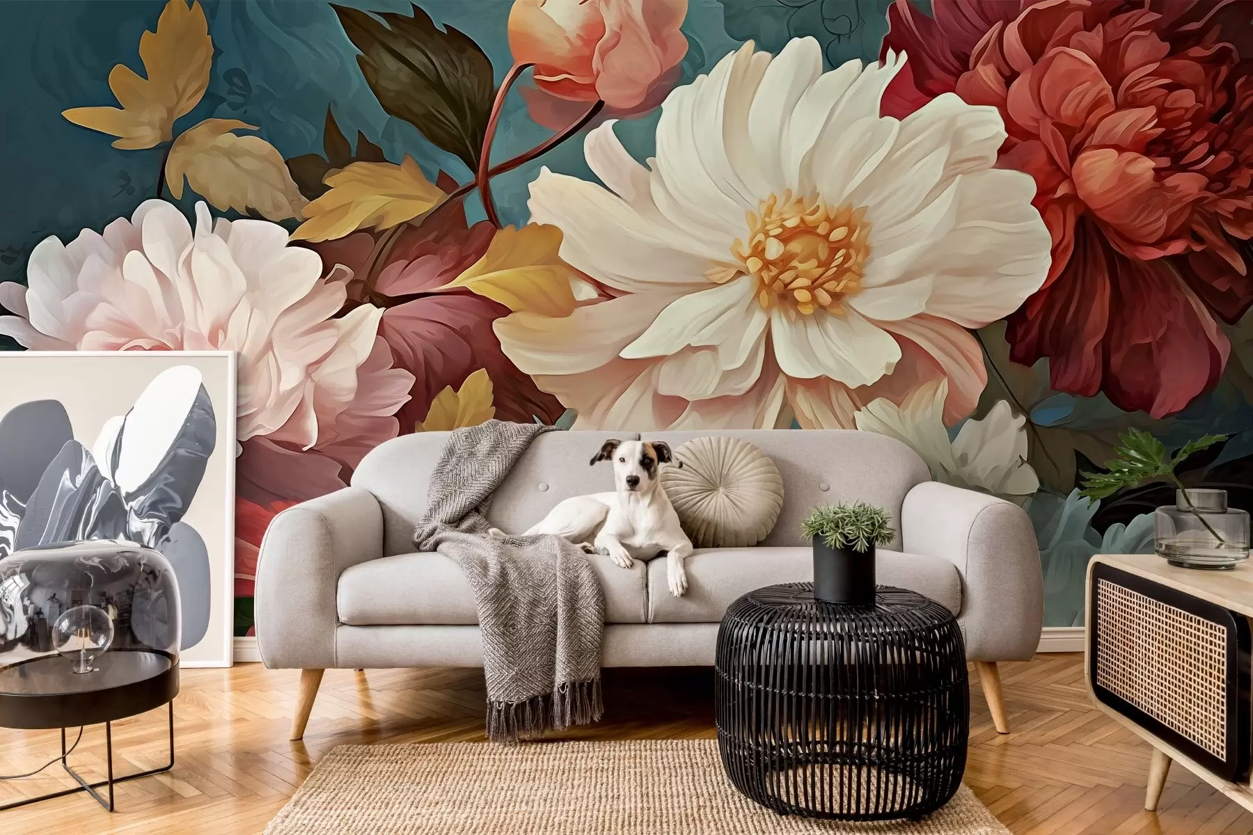 murales de pared Flores grandes de diferentes colores, crisantemo, peonía w02597