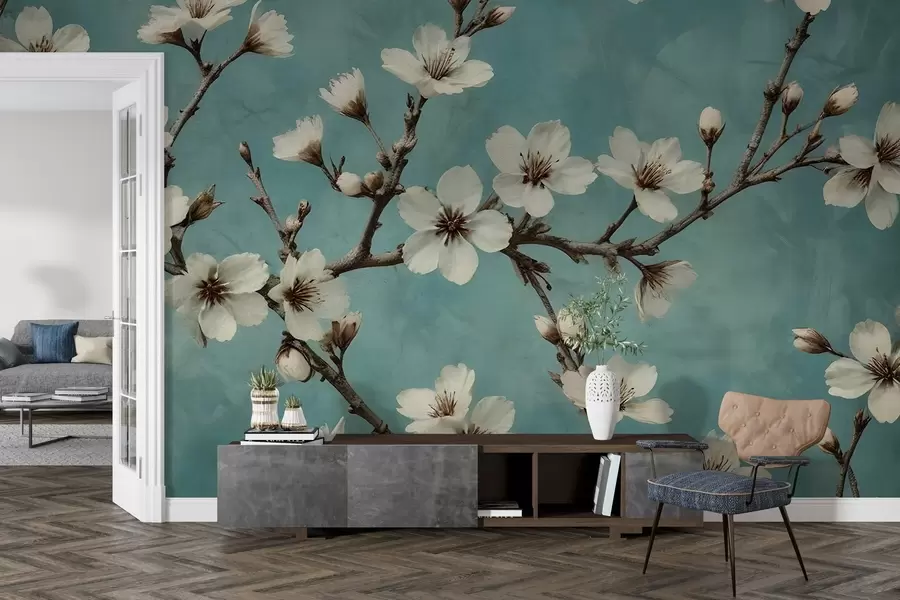 murales de pared Ramas en flor sobre fondo de hormigón w02610