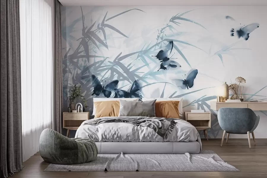 murales de pared Texturas de hojas y tallos de bambú con mariposas azules voladoras de alas transparentes w08524