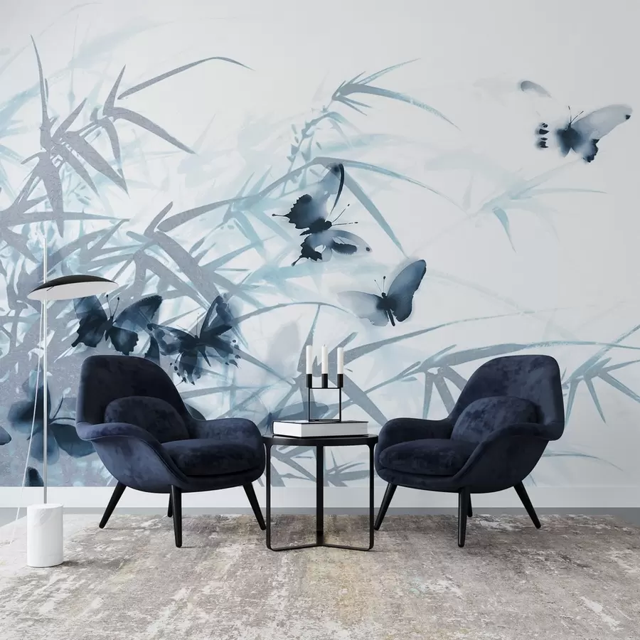 murales de pared Texturas de hojas y tallos de bambú con mariposas azules voladoras de alas transparentes w08524