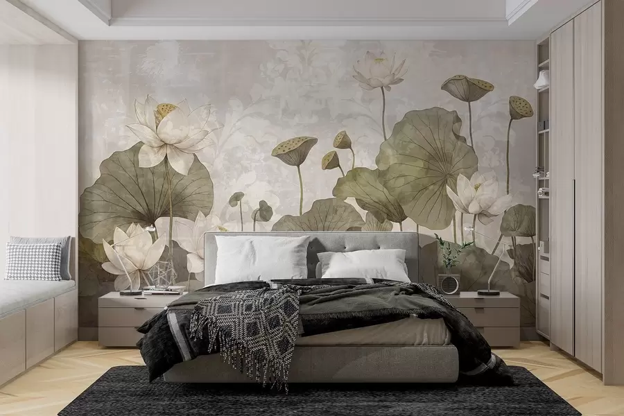 murales de pared Un campo de flores de loto blancas con grandes hojas verdes sobre un fondo beige de textura suave y brumosa w08527