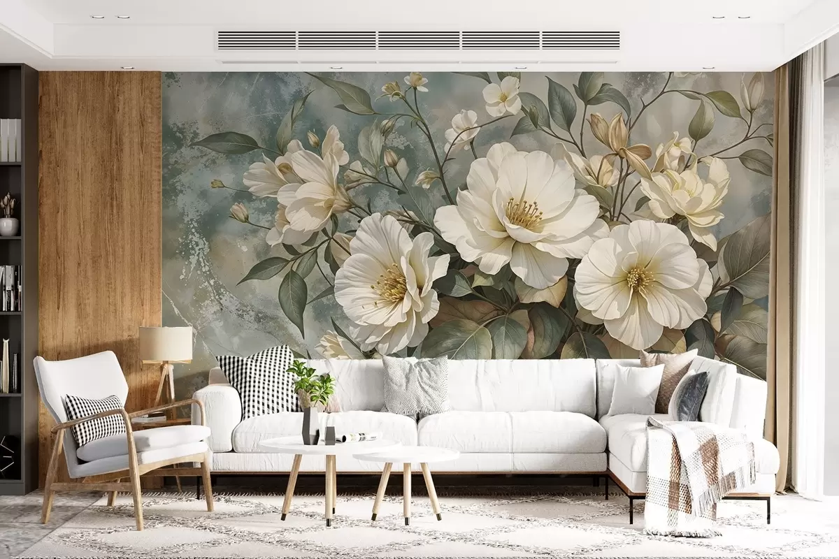 murales de pared Grandes flores de peonía blancas con hojas verdes sobre un fondo turquesa de textura suave w08528