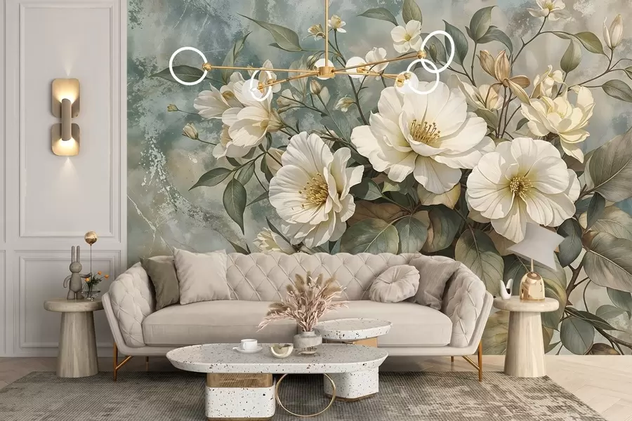 murales de pared Grandes flores de peonía blancas con hojas verdes sobre un fondo turquesa de textura suave w08528
