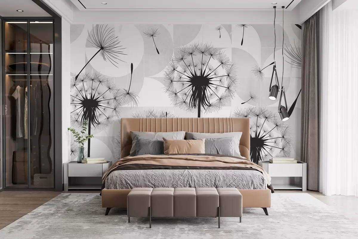 murales de pared Flores de diente de león blancas y negras con esponjosas cabezas de semillas sobre un fondo de textura blanca y gris claro w08529