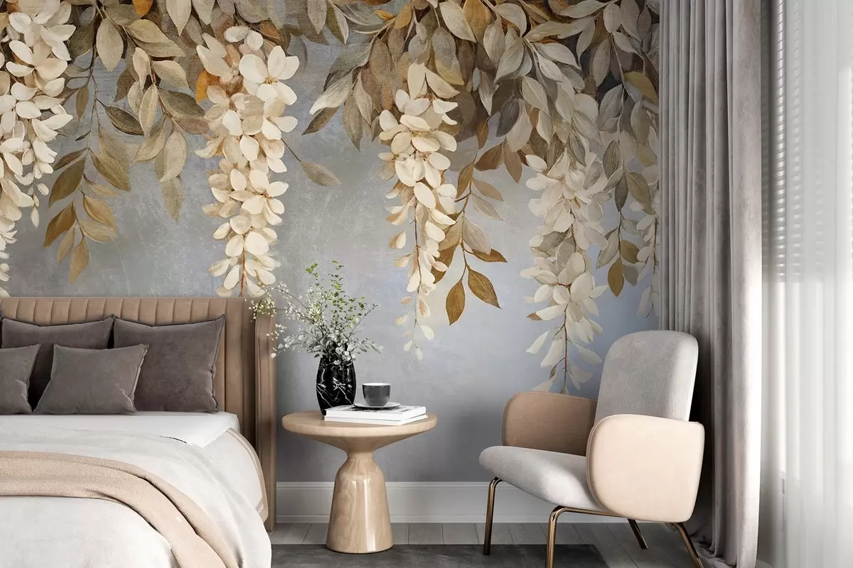 murales de pared Delicadas flores de glicinia blancas y beige claro con follaje en cascada sobre un fondo gris suave w08531