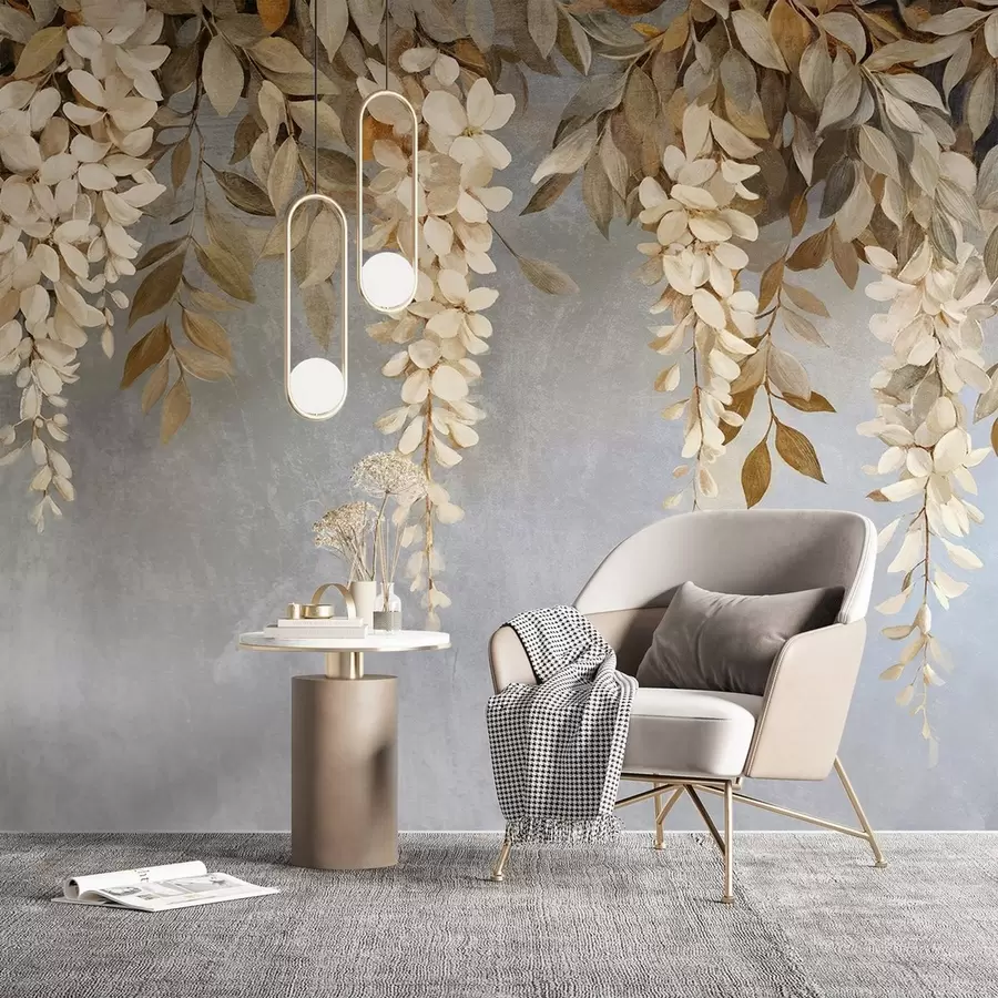 murales de pared Delicadas flores de glicinia blancas y beige claro con follaje en cascada sobre un fondo gris suave w08531