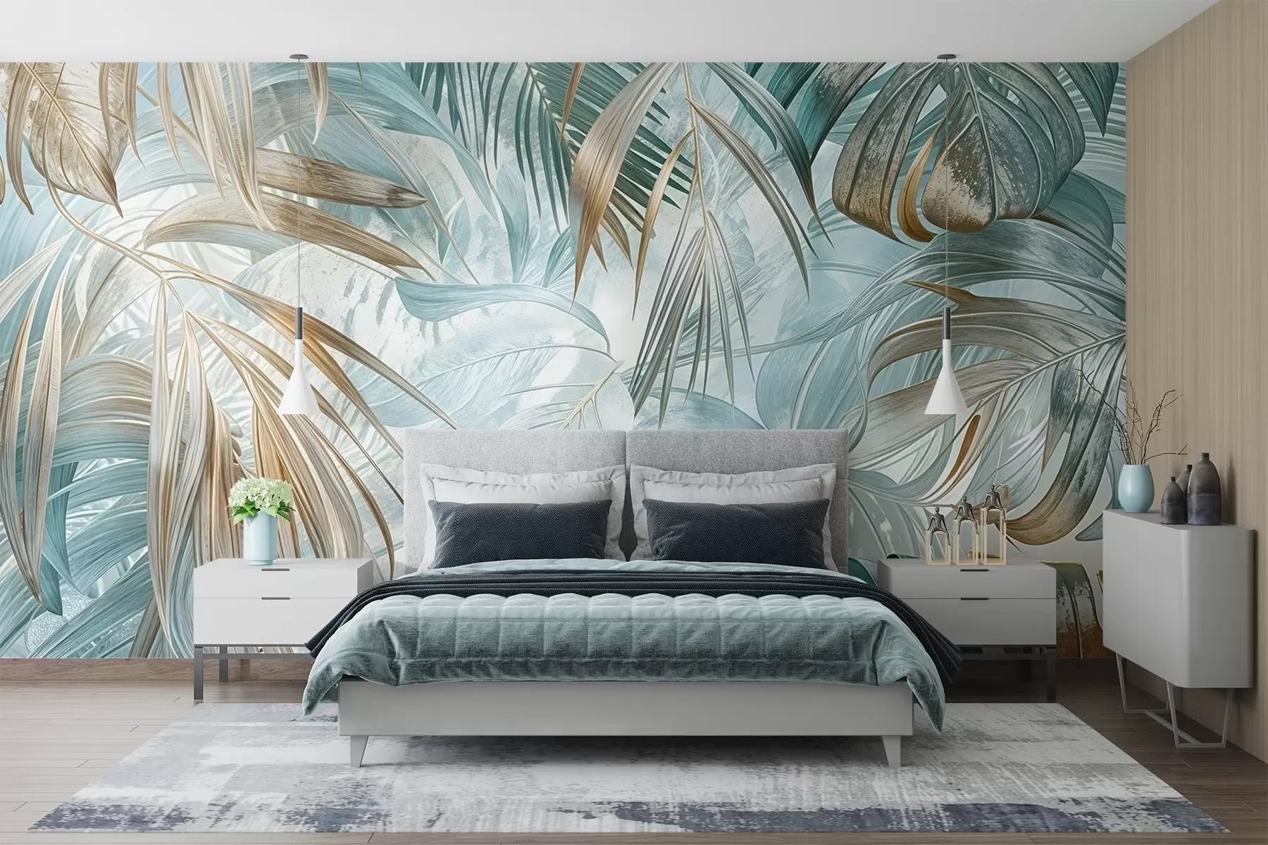 murales de pared Un estampado floral abstracto tropical con grandes hojas de palmera en tonos azules y beige crea un ambiente exuberante w08532