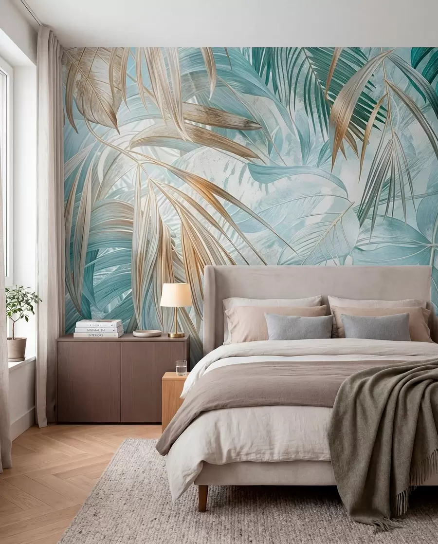 murales de pared Un estampado floral abstracto tropical con grandes hojas de palmera en tonos azules y beige crea un ambiente exuberante w08532