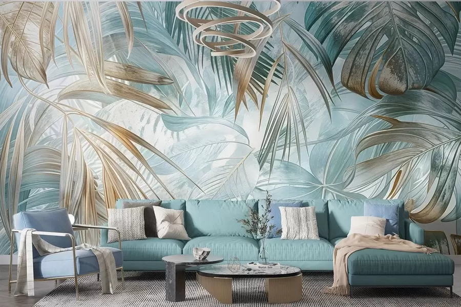 murales de pared Un estampado floral abstracto tropical con grandes hojas de palmera en tonos azules y beige crea un ambiente exuberante w08532