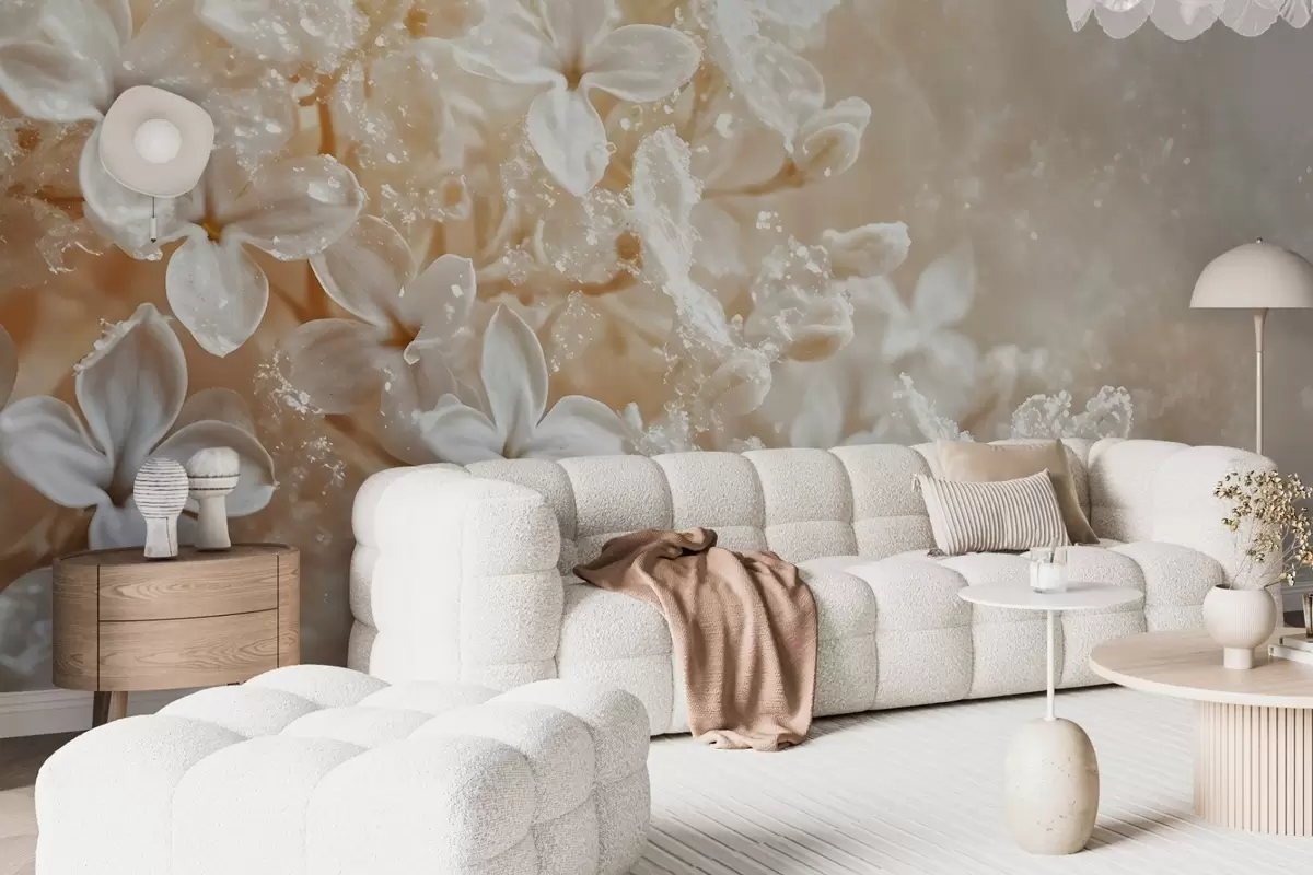 murales de pared Delicadas flores blancas de color lila con un suave fondo amarillo difuminado w08533