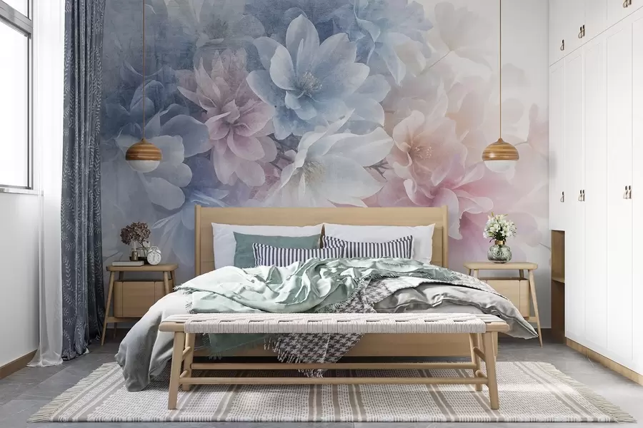 murales de pared Arreglo floral de textura suave y colores pastel con flores grandes y delicadas en tonos rosa, azul y blanco  w08535