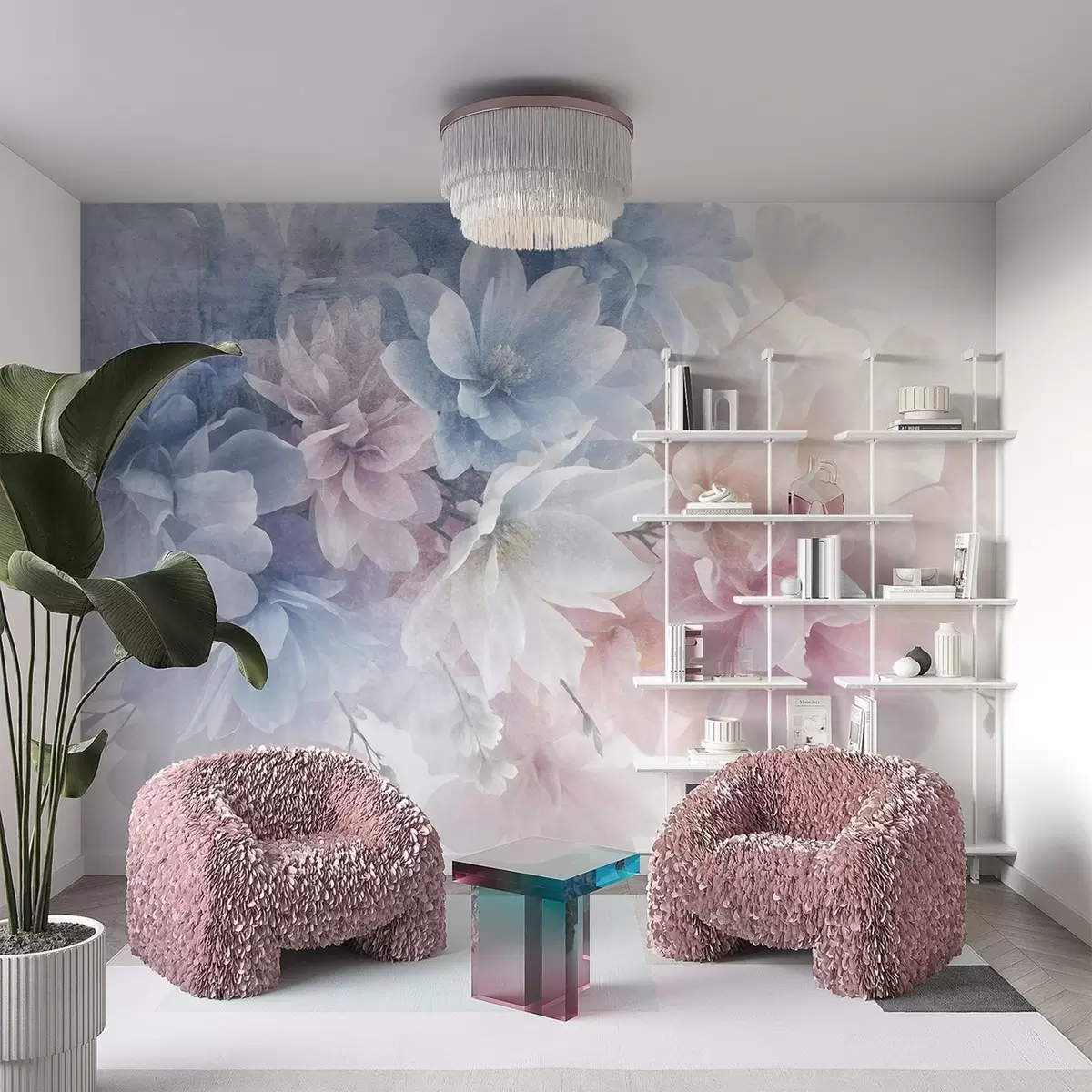 murales de pared Arreglo floral de textura suave y colores pastel con flores grandes y delicadas en tonos rosa, azul y blanco  w08535