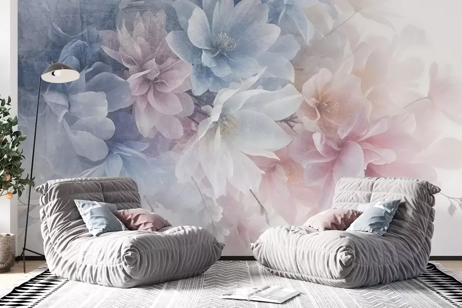 murales de pared Arreglo floral de textura suave y colores pastel con flores grandes y delicadas en tonos rosa, azul y blanco  w08535