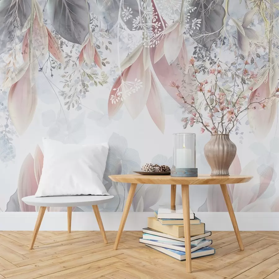 murales de pared Suave estampado floral en tonos pastel con delicados pétalos y hojas en tonos rosa, blanco y gris w08538