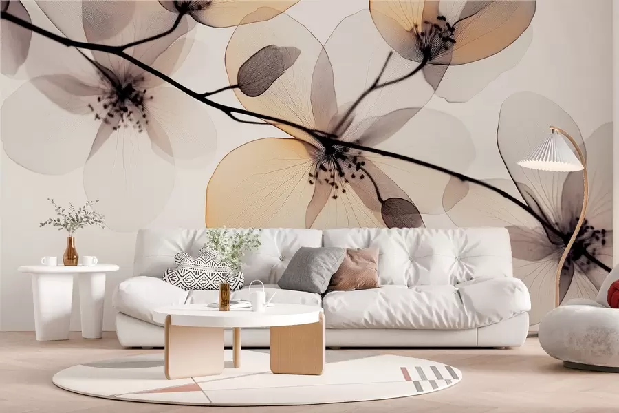 murales de pared rama delicada y refinada con flores transparentes  w02630