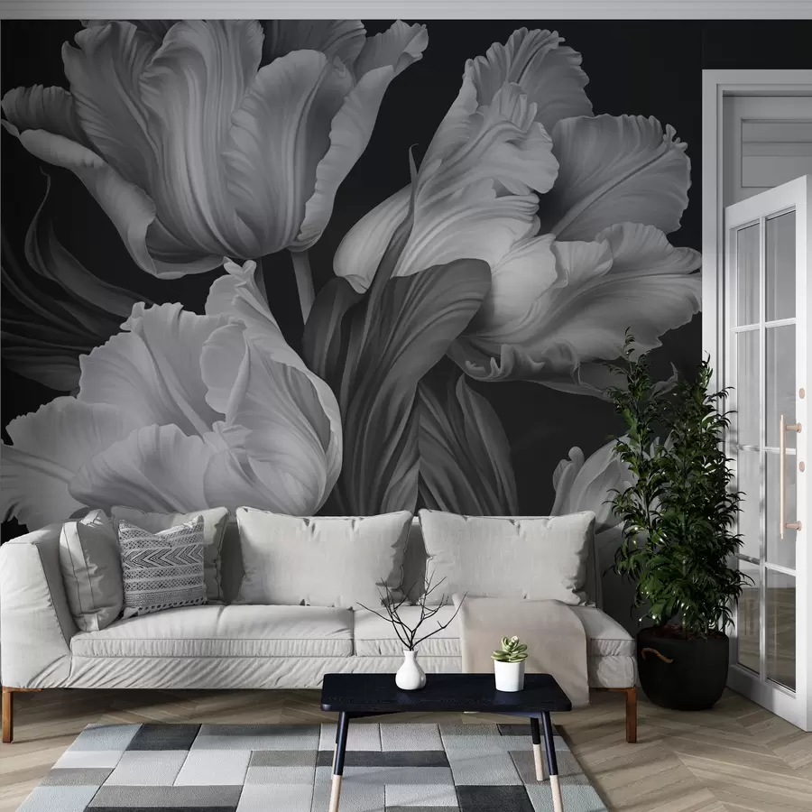 murales de pared Tulipanes en blanco y negro en estilo fotorrealista w02557