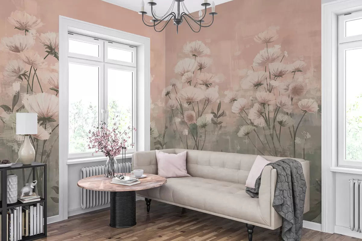 murales de pared Delicadas flores silvestres con efecto de pinceladas en rosa w02629