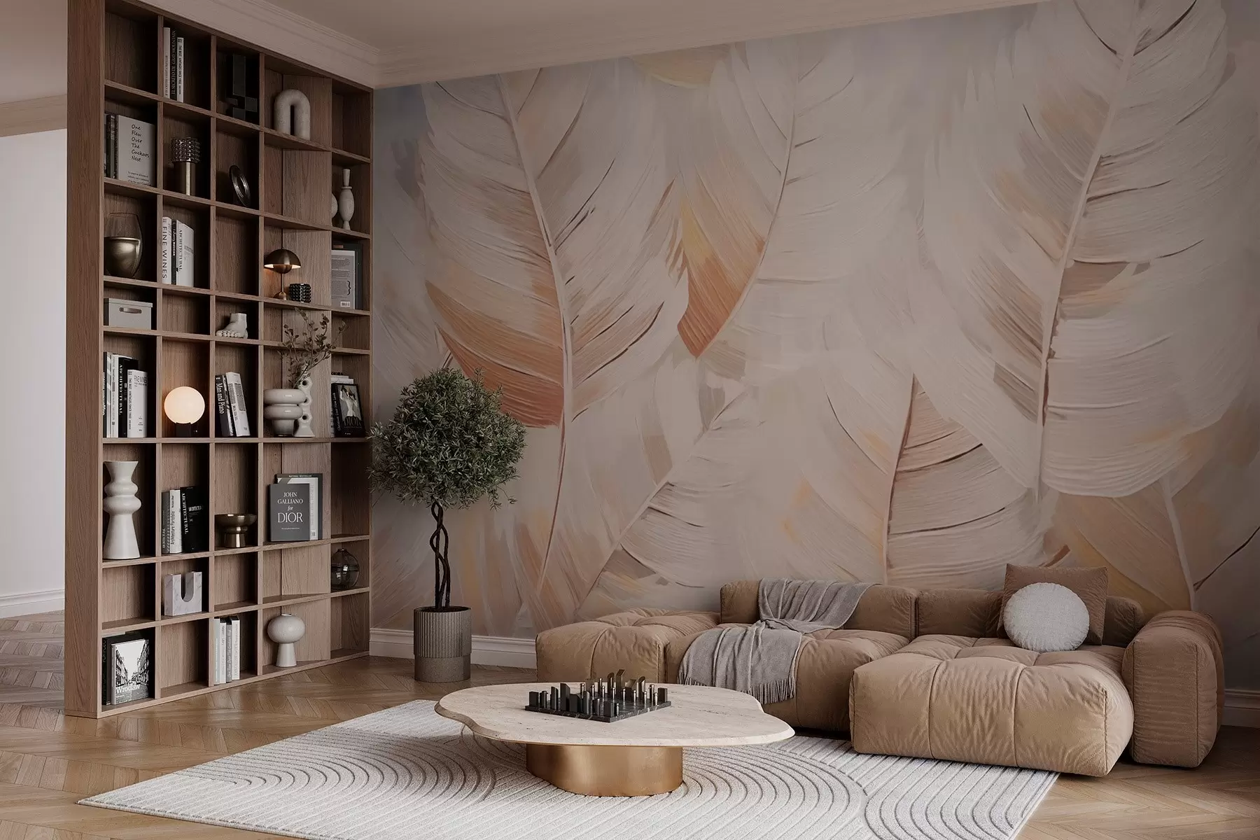 murales de pared Hojas abstractas de color beige w02576