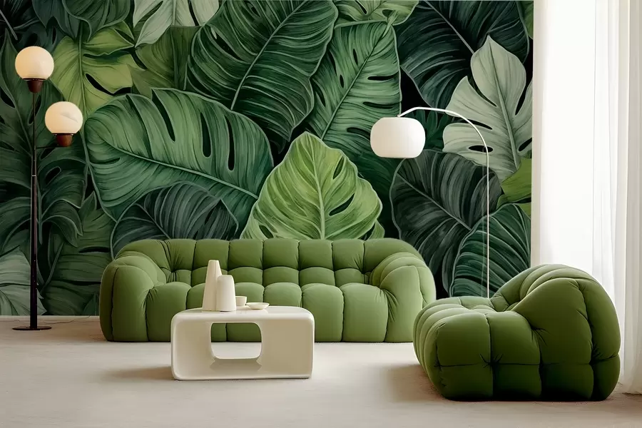murales de pared Hojas de monstera tropical en diferentes tonos de verde w02579