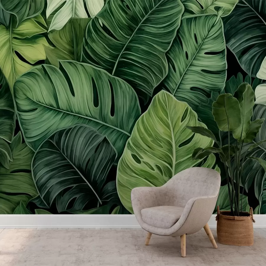 murales de pared Hojas de monstera tropical en diferentes tonos de verde w02579