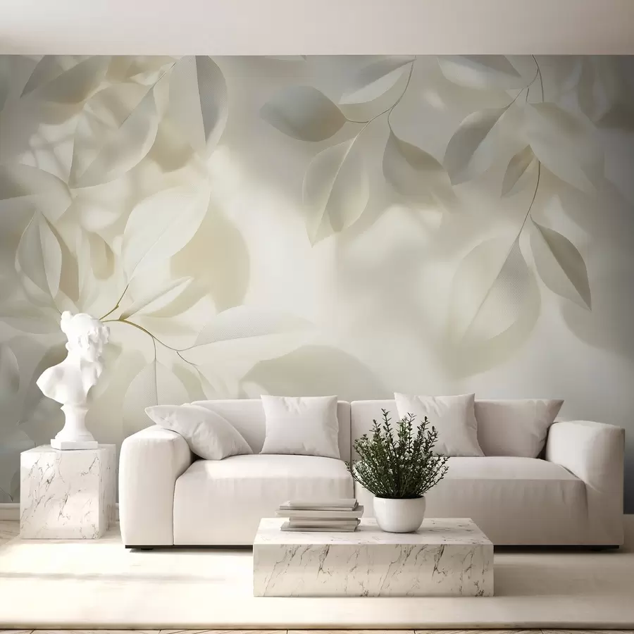murales de pared Colgar ramas blancas con hojas contra una pared con luz solar w08552