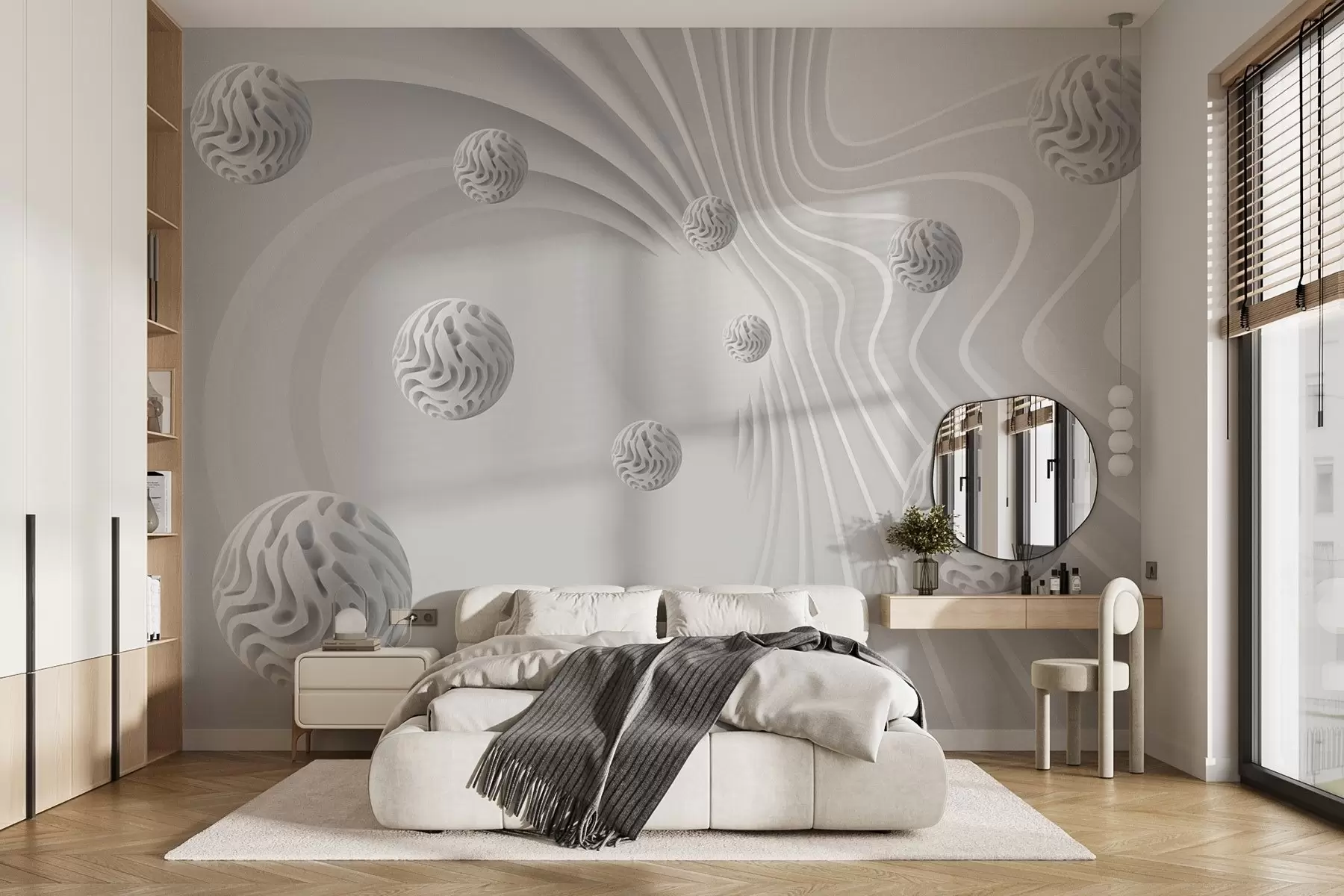 murales de pared abstracción gris 3D con esferas y efecto de profundidad w08553