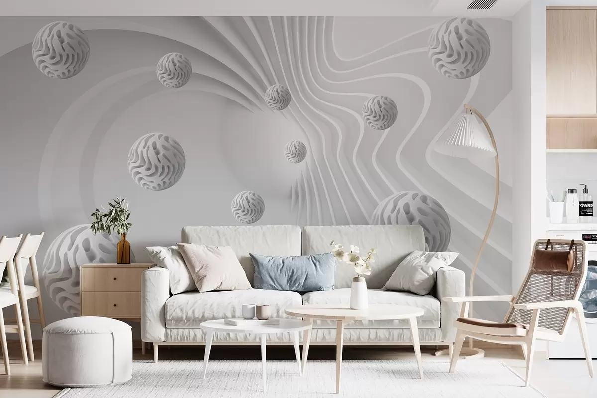 murales de pared abstracción gris 3D con esferas y efecto de profundidad w08553