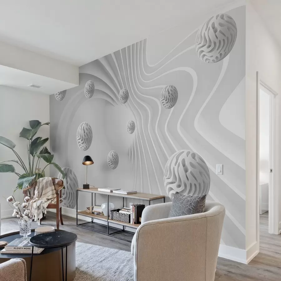 murales de pared abstracción gris 3D con esferas y efecto de profundidad w08553