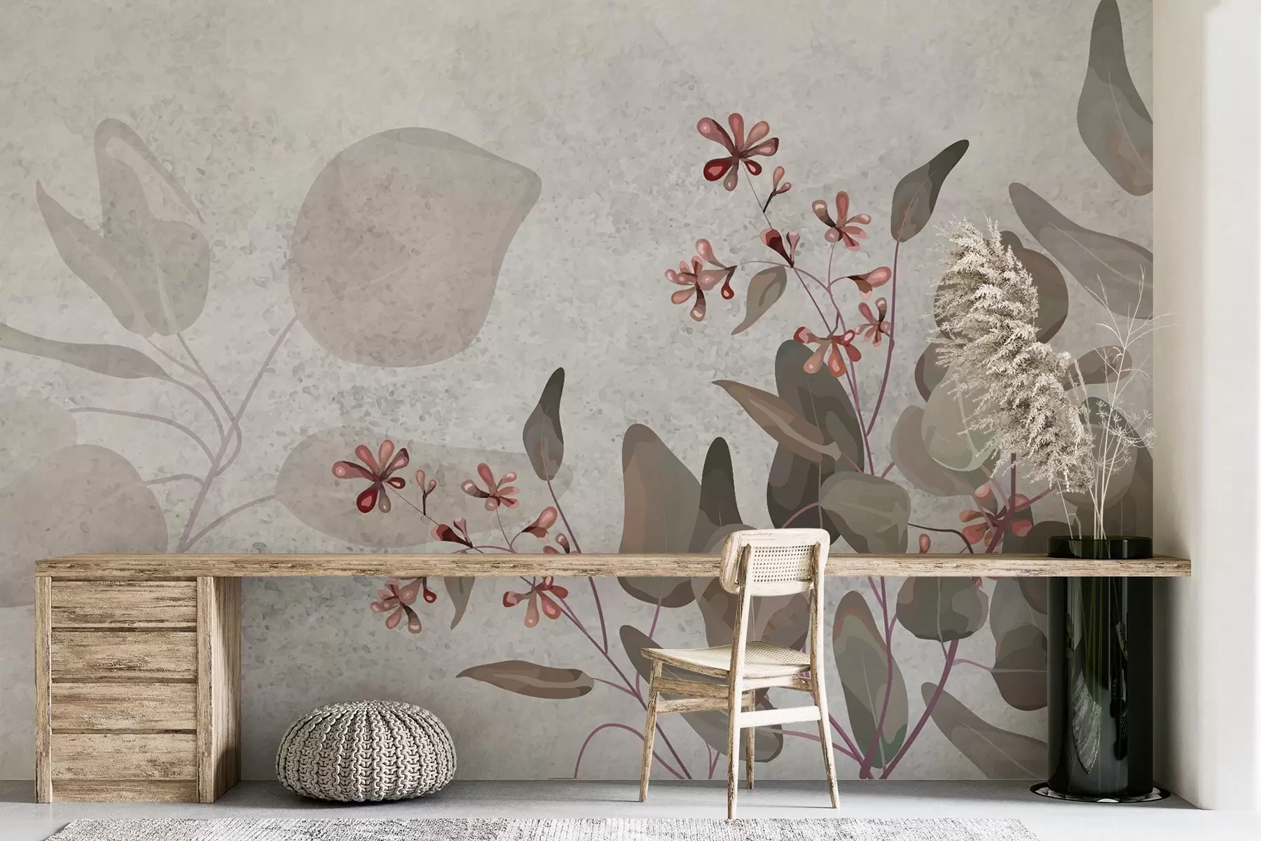 murales de pared hojas y flores sobre fondo gris w02667