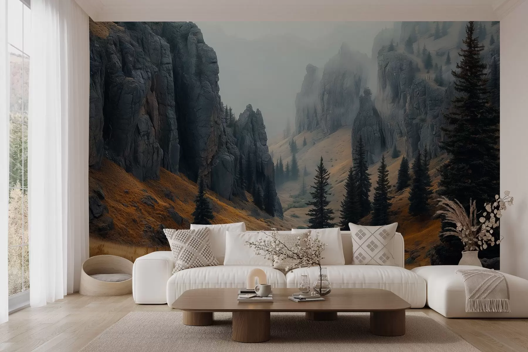murales de pared paisaje místico con rocas y abetos w02682