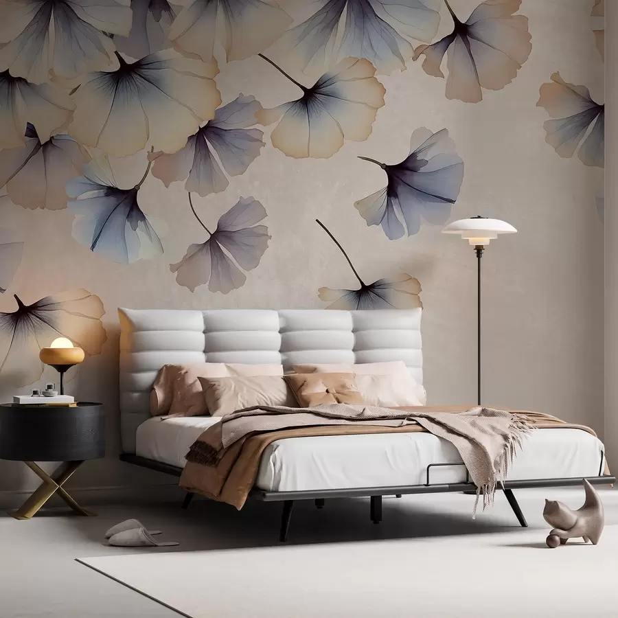 murales de pared Hojas de ginkgo de colores pastel azul y beige con delicados pétalos flotando en el aire sobre un fondo de texturas w08578