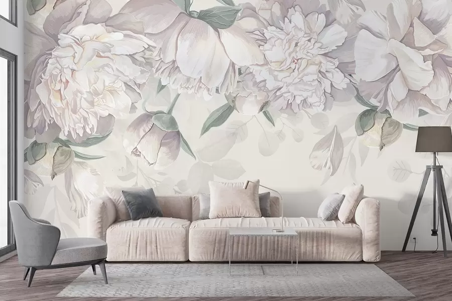 murales de pared Delicadas peonías blancas y rosas pastel con hojas verdes, dispuestas en un suave y romántico fondo floral w08577