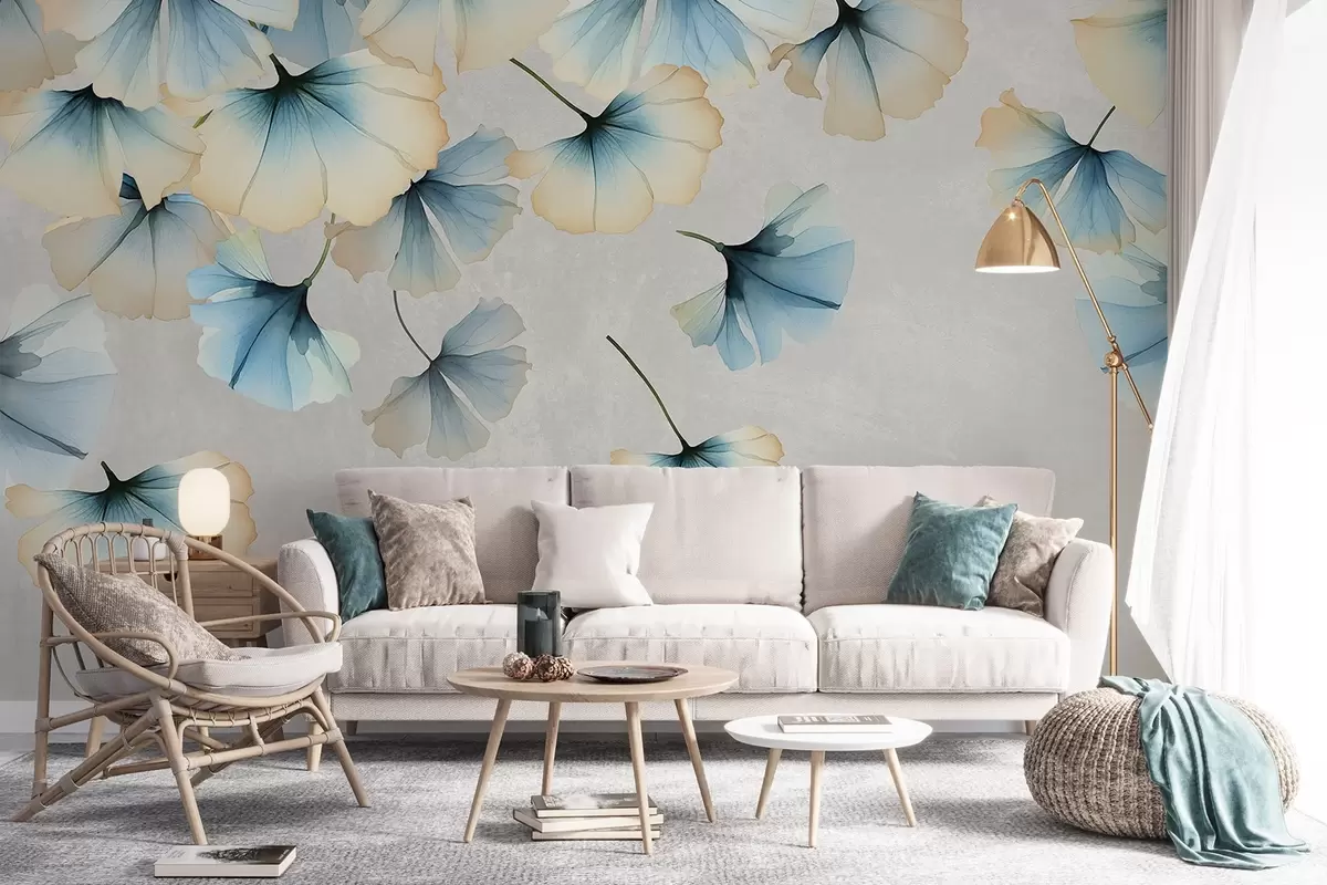 murales de pared Hojas de ginkgo de colores pastel, azules y amarillas, con delicados pétalos flotando en el aire sobre un fondo de texturas w08578v1