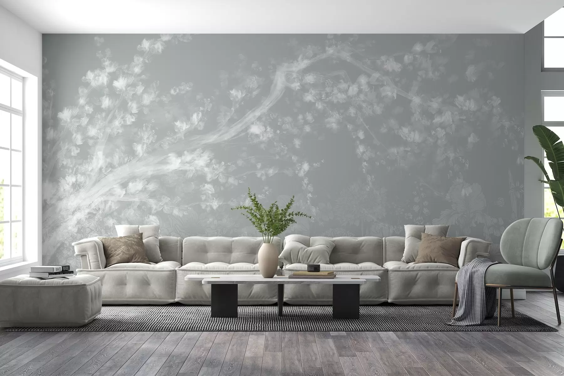 murales de pared Impresión borrosa y desenfocada con un blanco brumoso de ramas de árbol con fondo floral de luz suave  w08581