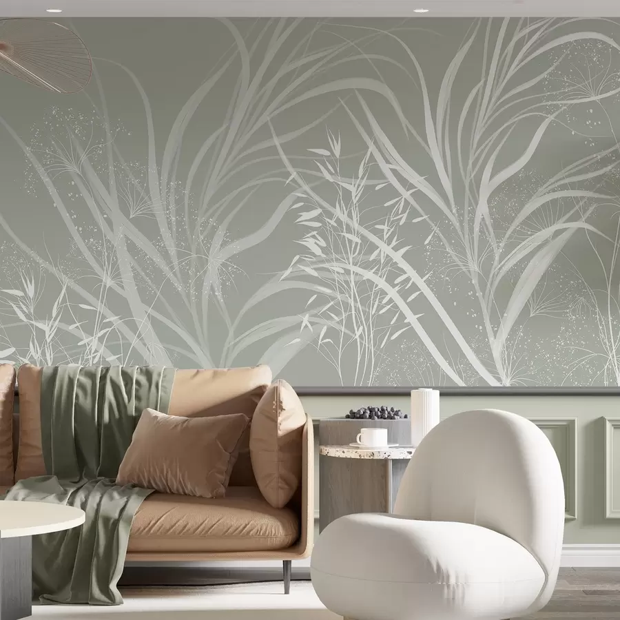 murales de pared Delicado y moderno estampado floral minimalista en blanco sobre fondo verde pastel claro w08583v1