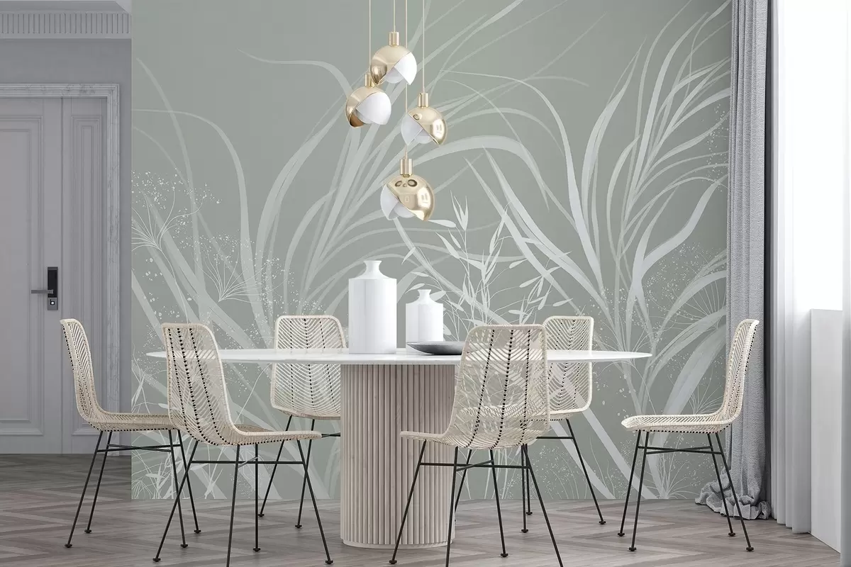 murales de pared Delicado y moderno estampado floral minimalista en blanco sobre fondo verde pastel claro w08583v1