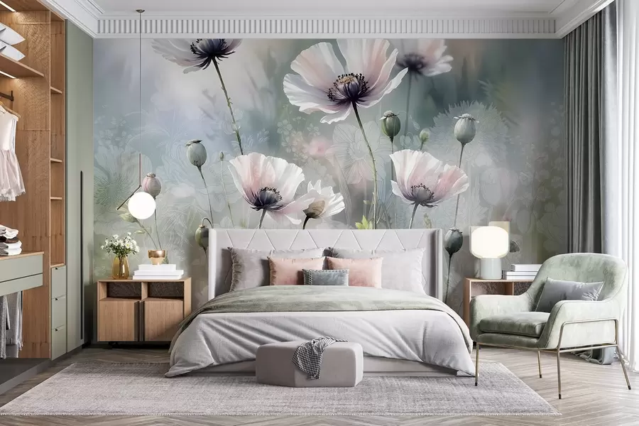 murales de pared Delicadas amapolas rosas y moradas con tallos y capullos verdes sobre un fondo de textura suave y difuminada w08585