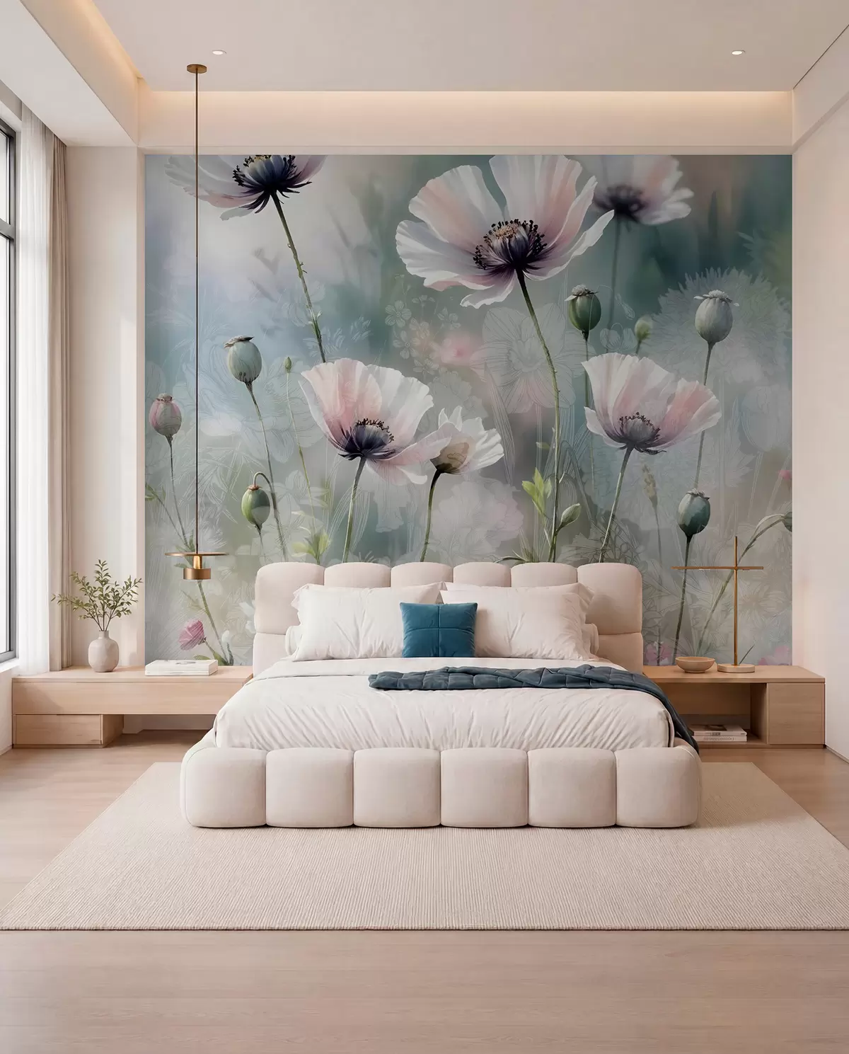 murales de pared Delicadas amapolas rosas y moradas con tallos y capullos verdes sobre un fondo de textura suave y difuminada w08585