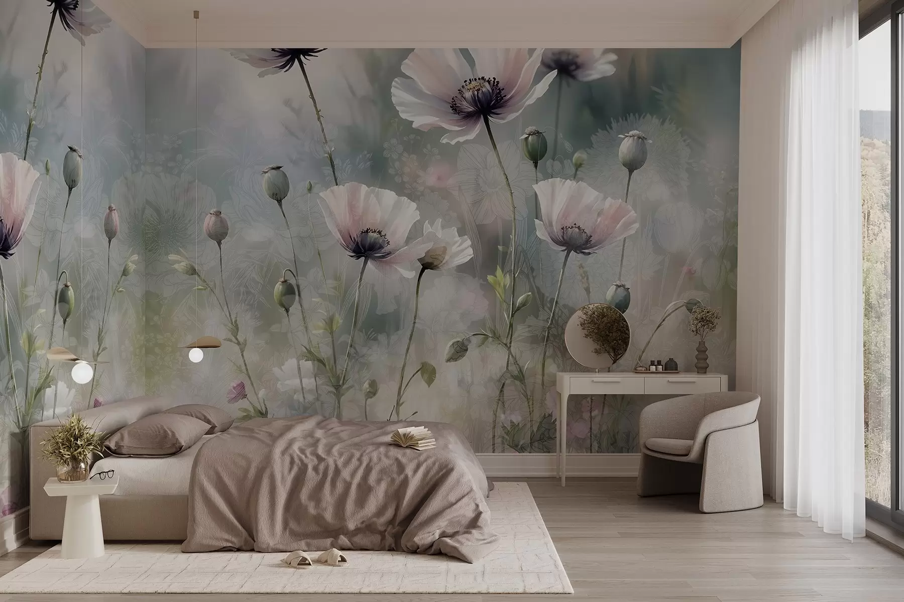 murales de pared Delicadas amapolas rosas y moradas con tallos y capullos verdes sobre un fondo de textura suave y difuminada w08585