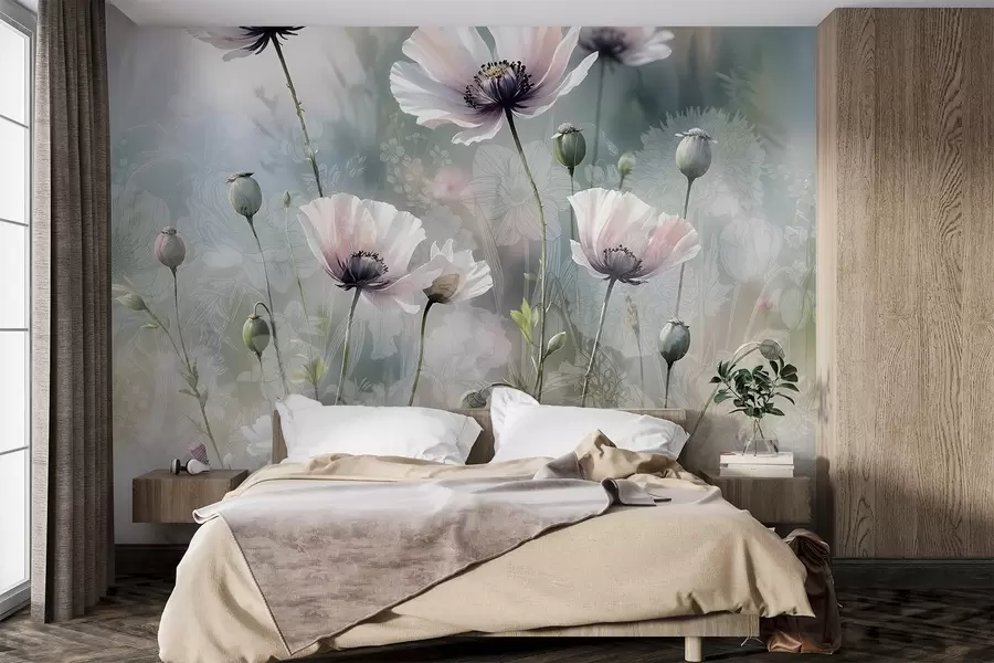 murales de pared Delicadas amapolas rosas y moradas con tallos y capullos verdes sobre un fondo de textura suave y difuminada w08585