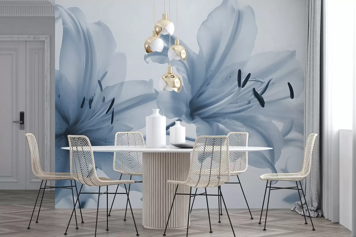 murales de pared Primer plano con enfoque suave de flores de lirio azules minimalistas sobre un fondo claro w08586
