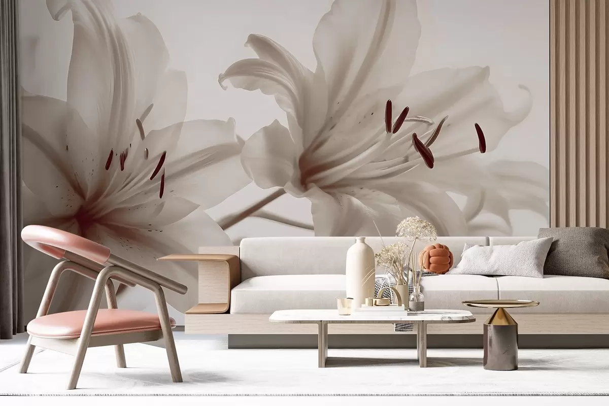 murales de pared Primer plano con enfoque suave de flores de lirio minimalistas de color beige sobre un fondo claro w08586v1