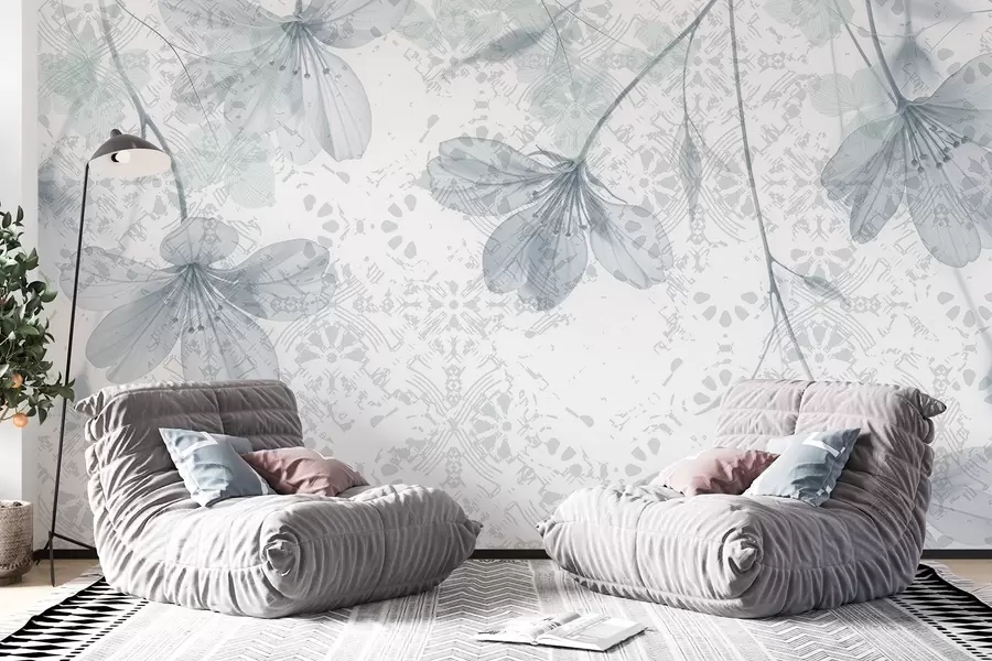 murales de pared Delicadas flores azules y blancas con largos tallos y pétalos sobre un fondo de textura suave y difuminada w08588