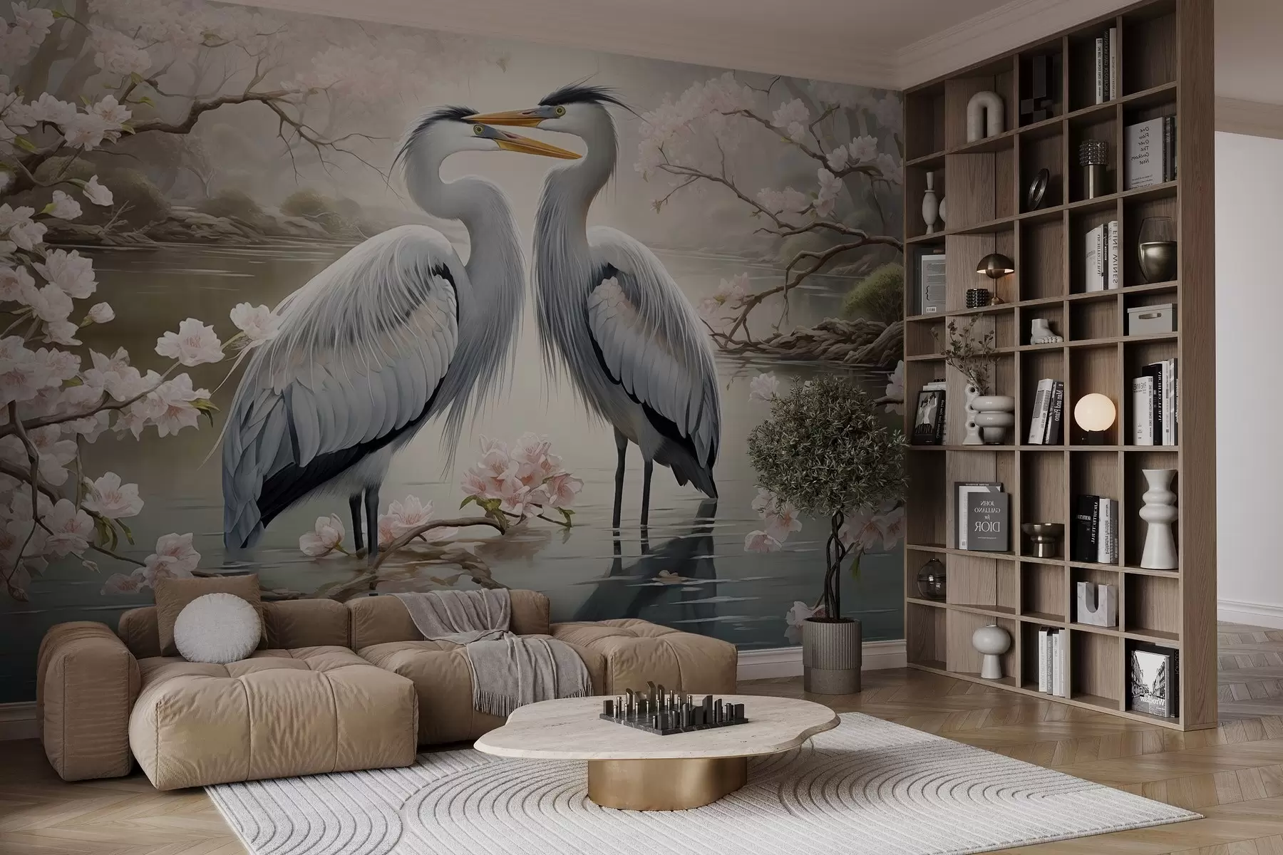 murales de pared Una pareja de cigüeñas en un jardín en flor w02621