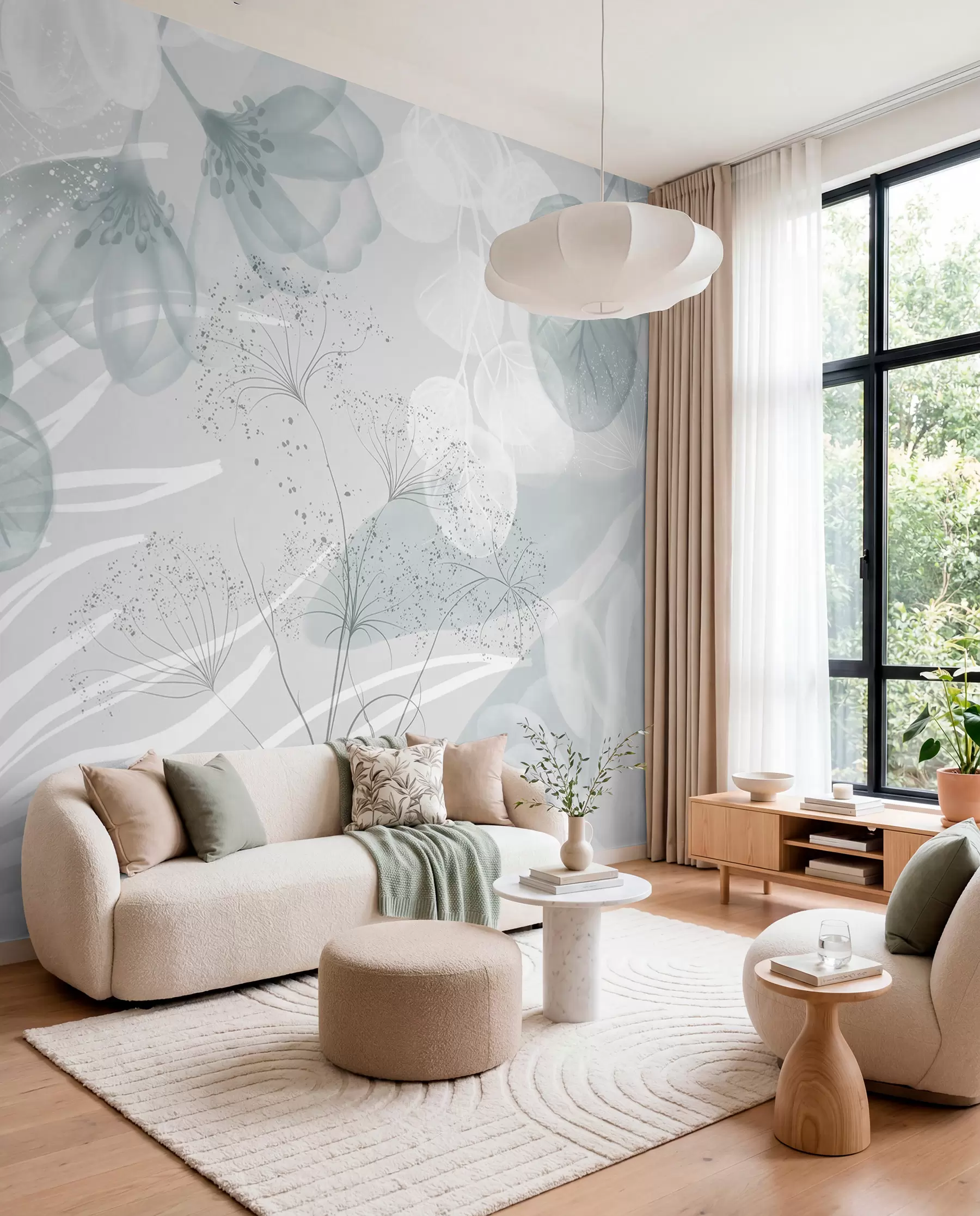 murales de pared Elementos florales de eucalipto en tonos azules y blancos con hojas y pétalos superpuestos de estilo minimalista w08599