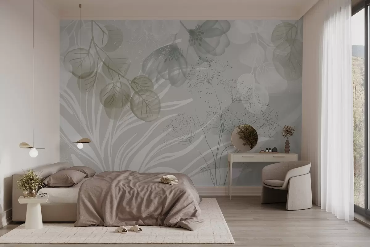 murales de pared Elementos florales de eucalipto en tonos verdes y blancos con hojas y pétalos superpuestos de estilo minimalista w08599v1