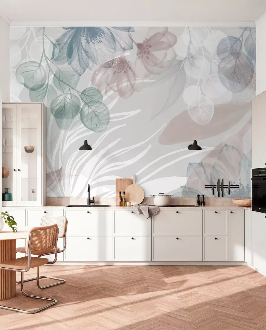 murales de pared Estampado floral en tonos pastel con grandes flores y hojas abstractas transparentes en tonos grises, rosas y verdes w08600