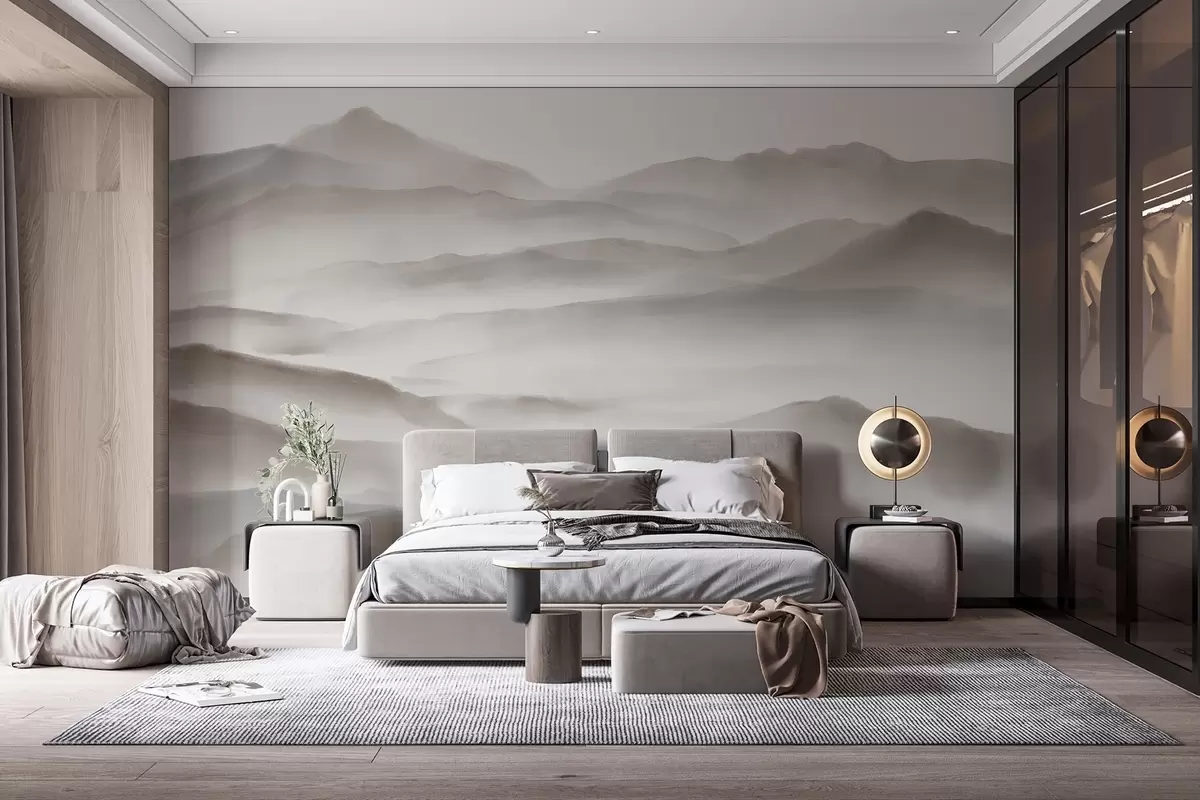 murales de pared Paisaje montañoso minimalista con colinas ondulantes y niebla , creando una impresión serena y atmosférica w08602