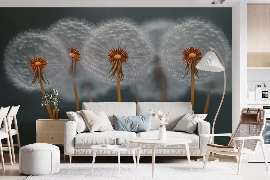 murales de pared Dientes de león aéreos sobre un fondo natural oscuro w08498