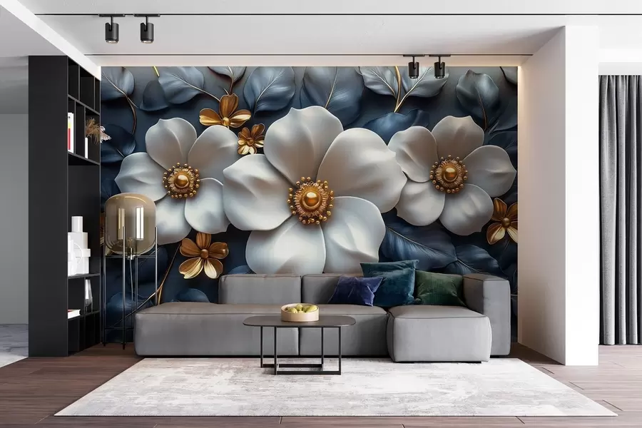 murales de pared Grandes flores blancas sobre un elegante fondo azul con hojas w08559